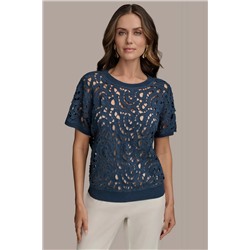 DROP SHOULDER CROCHET KNIT SWEATER