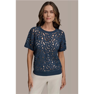 DROP SHOULDER CROCHET KNIT SWEATER