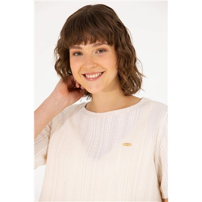 Kadın Krem Bisiklet Yaka Tişört