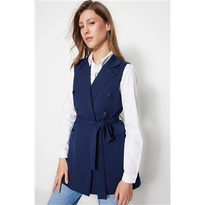 TRENDYOL MODEST Lacivert Beli Bağlama Detaylı Dokuma Astarlı Yelek TCTSS23YL00029