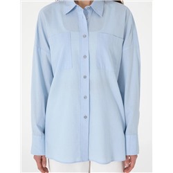 Mavi Oversize Keten Karışımlı Uzun Kollu Gömlek