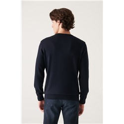 Lacivert Bisiklet Yaka Önü Dokulu Pamuklu Triko Kazak