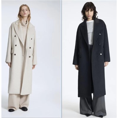 Женское Элегантное двубортное длинное шерстяное пальто с воротником из шерсти  ЛАЙ*М