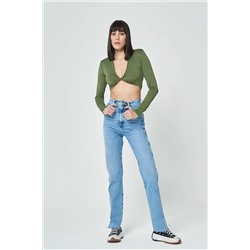 CROSS JEANS Açık Mavi Yüksek Bel Slim Straight Fit Paçası Yırtmaçlı Fermuarlı Jean Pantolon C 4800-006