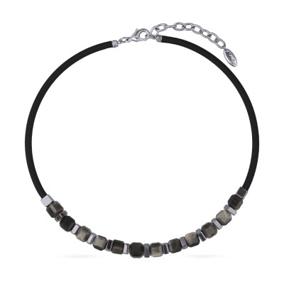 Колье Терра (агат, каучук черный; покрытие родий) 40-45см, Есть комплект