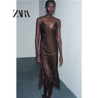 Женское атласное платье комбинация  с асимметричным разрезом спереди, кружевной отделкой и V-образным вырезом (2 цвета)  ЗАР*А