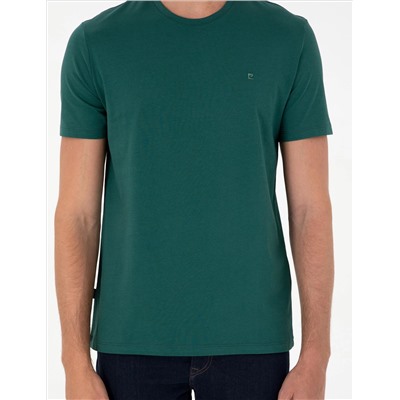 Koyu Yeşil %100 Pamuk Slim Fit Bisiklet Yaka Basic Tişört