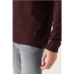 Bordo Bisiklet Yaka Önü Dokulu Regular Fit Triko Kazak