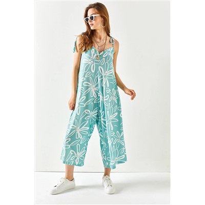Olalook Kadın Mint Yeşili Askısı Bağlamalı Desenli Kaşkorse Tulum TLM-19000149
