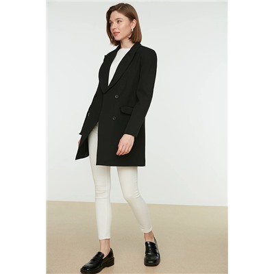 TRENDYOL MODEST Siyah Çift Düğmeli Cep Detaylı Astarlı Blazer Dokuma Ceket TCTAW22CK0007