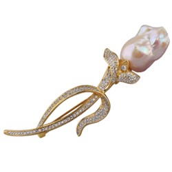 Брошь Барокко (жемчуг лососевый 16мм, белый фианит; покрытие золото), Есть комплект