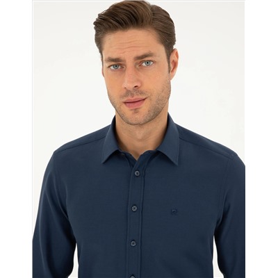 Lacivert Slim Fit Armürlü Uzun Kollu Gömlek