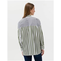 Yeşil Çizgili Oversize Uzun Kollu Gömlek