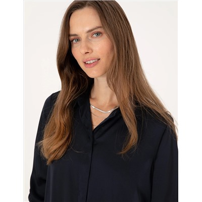 Lacivert Comfort Fit Saten Uzun Kollu Gömlek