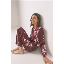 Pijama camisero largo floral granate