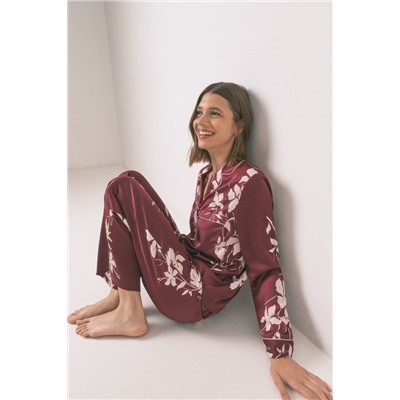 Pijama camisero largo floral granate