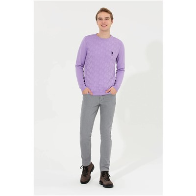 Erkek Lila Bisiklet Yaka Basic Triko Kazak