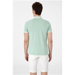 Erkek Slim Fit Polo Yaka Su Yeşili Yıkamalı Basic Tişört