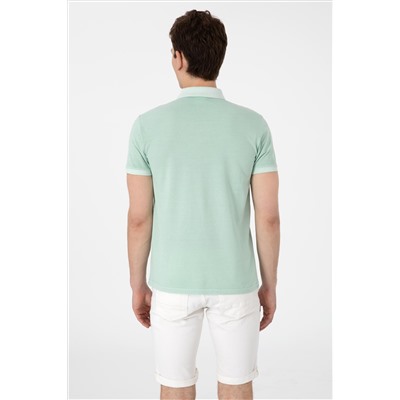 Erkek Slim Fit Polo Yaka Su Yeşili Yıkamalı Basic Tişört