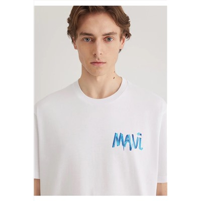 Mavi Baskılı Beyaz Tişört Loose Fit / Bol Rahat Kesim 0612468-620