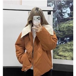 Пальто из хлопка свободного кроя с ромбовидной стёжкой и меховым воротником