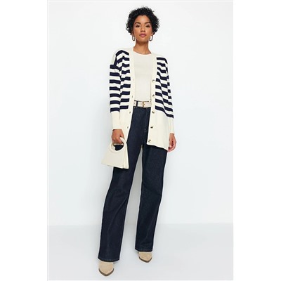 TRENDYOL MODEST Taş Lacivert V Yaka Çizgili Triko Hırka TCTAW24TH00034