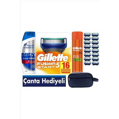 Gillette, Fusion Start 16 Yedek Tıraş Bıçağı - Gillette Fusion 200 ml Jel +300 ML Şampuan+ Çanta