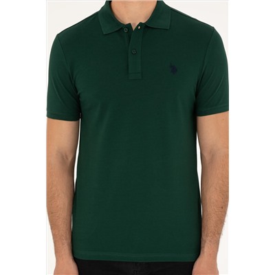Erkek Slim Fit Polo Yaka Koyu Yeşil Basic Tişört