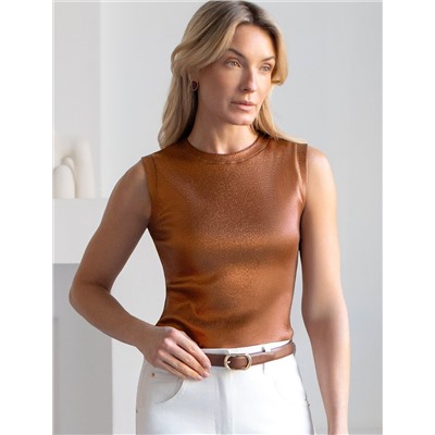 Топ с закрытым декольте из хлопка с эластаном в рубчик с матовым покрытием металлик