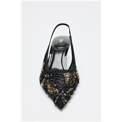 BEADED MESH HIGH-HEEL SLINGBACKS