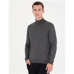 Gri Melanj Slim Fit Balıkçı Yaka Basic Triko Kazak
