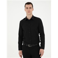 Siyah Slim Fit Armürlü Uzun Kollu Gömlek
