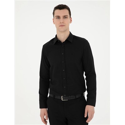 Siyah Slim Fit Armürlü Uzun Kollu Gömlek