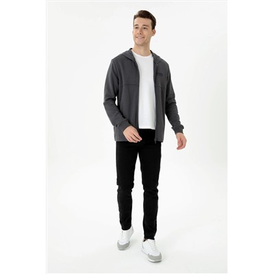 Erkek Antrasit Kapüşonlu Örme Hırka