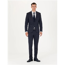 Lacivert Ekose Ekstra Slim Fit Yün Karışımlı Takım Elbise