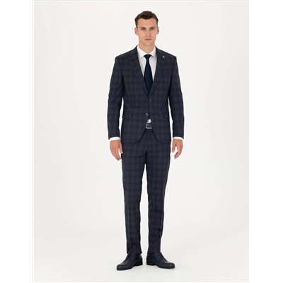 Lacivert Ekose Ekstra Slim Fit Yün Karışımlı Takım Elbise
