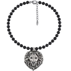 Колье Король лев (черный агат 6мм; покрытие античное серебро) 42-47см, Есть комплект