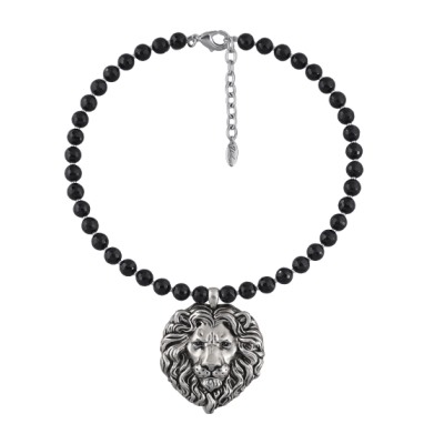 Колье Король лев (черный агат 6мм; покрытие античное серебро) 42-47см, Есть комплект