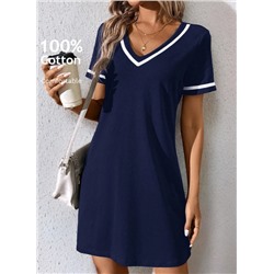 SHEIN LUNE Fashionable Casual V-Neck Color Block Knit Dress With Weave Belt, Black,Summer Dresses For Women