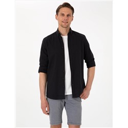 Siyah Keten Görünümlü Slim Fit Uzun Kollu Gömlek