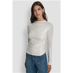 SIDE RUCHED HIGH NECK LONG SLEEVE TOP