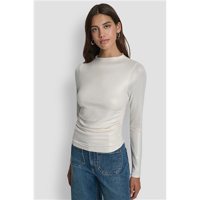 SIDE RUCHED HIGH NECK LONG SLEEVE TOP