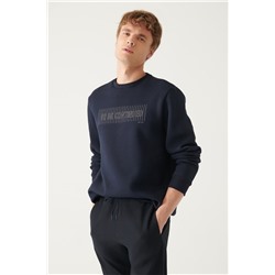 Lacivert Bisiklet Yaka 3 İplik İçi Polarlı Baskılı Regular Fit Standart Kesim Sweatshirt