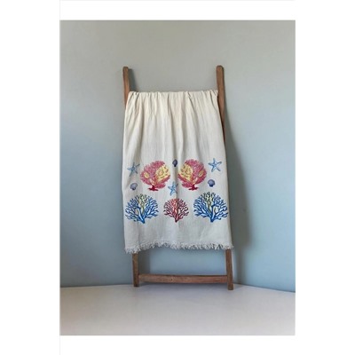 fildastore Deniz Yaşamı Motifi Desenli  %100 Organik Pamuk, Naturel,Müslin,Peştemal, Plaj Havlusu, Pareo