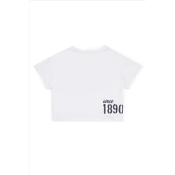 Kız Çocuk Beyaz Bisiklet Yaka Crop Tişört