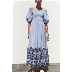 STRIPED EMBROIDERED MIDI DRESS