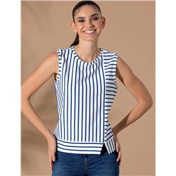 İndigo Çizgili Comfort Fit Kolsuz Bluz