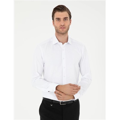 Beyaz Slim Fit Armürlü Uzun Kollu Gömlek
