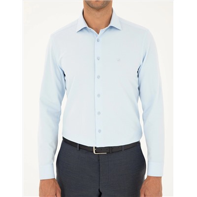 Açık Mavi Slim Fit Armürlü Uzun Kollu Gömlek