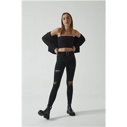 CROSS JEANS Judy Siyah Yüksek Bel Skinny Fit Yıpratma Detaylı Jean Pantolon C 4521-030